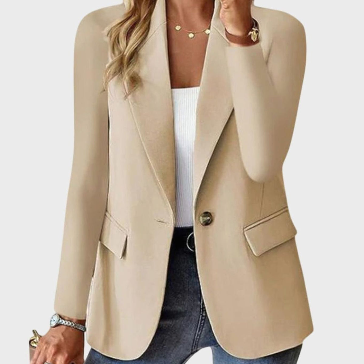 Women's Structured Single-Button Long-Sleeve Formal Blazer - Beige