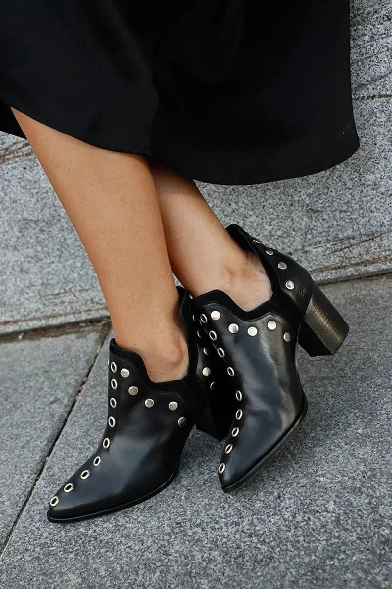 Women's Studded Block-Heel Pointed-Toe Ankle Boots - Black
