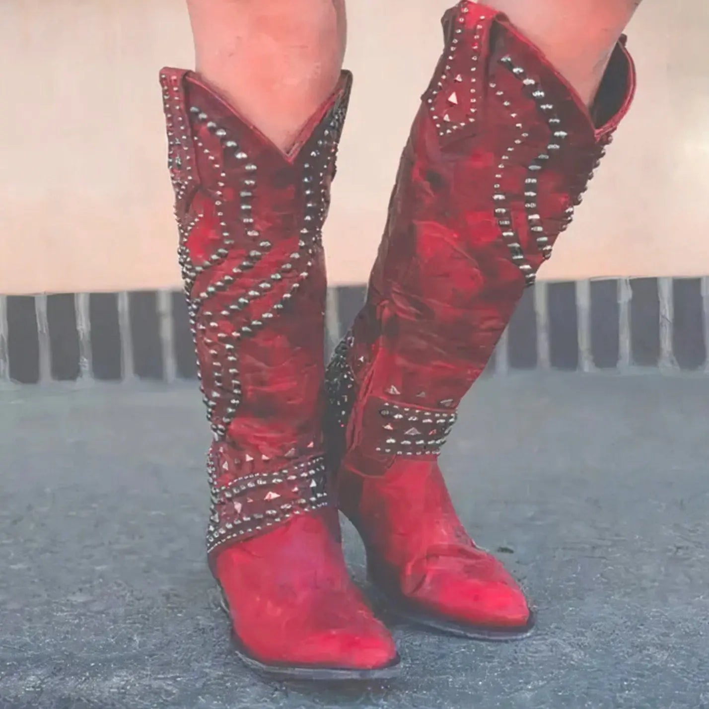 Women's Studded Chunky Heel Cowboy Boots Western Knee High - Red