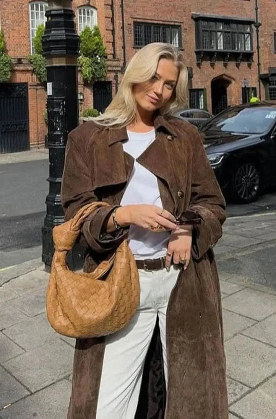 Women's Suede Belted Lapel Maxi Trench Coat