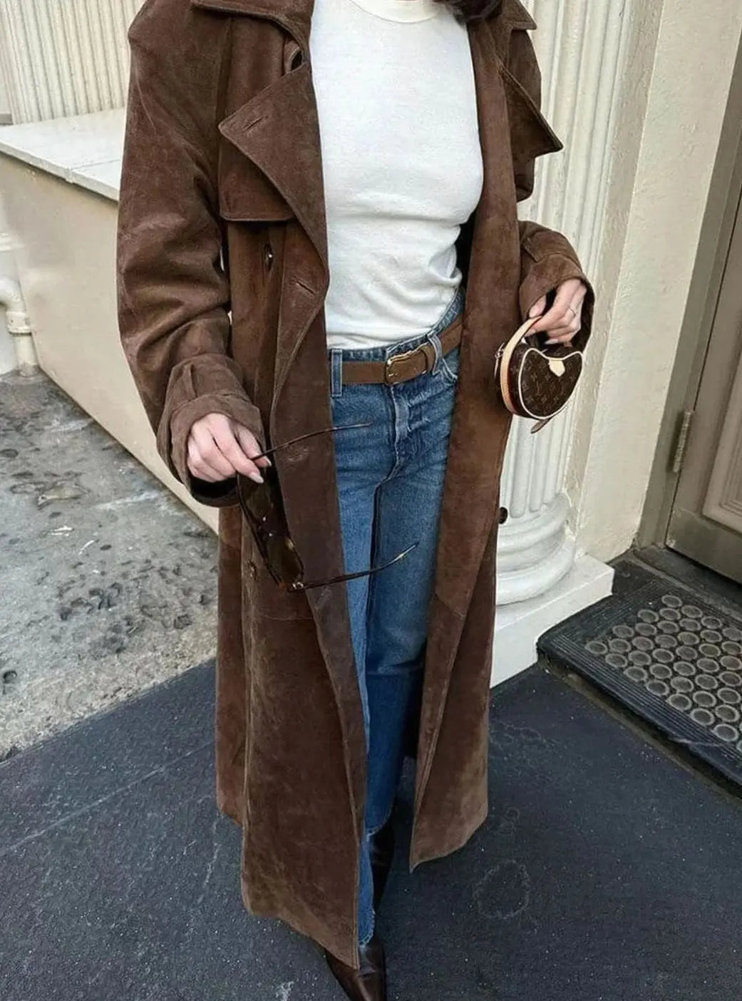 Women's Suede Belted Lapel Maxi Trench Coat - Brown