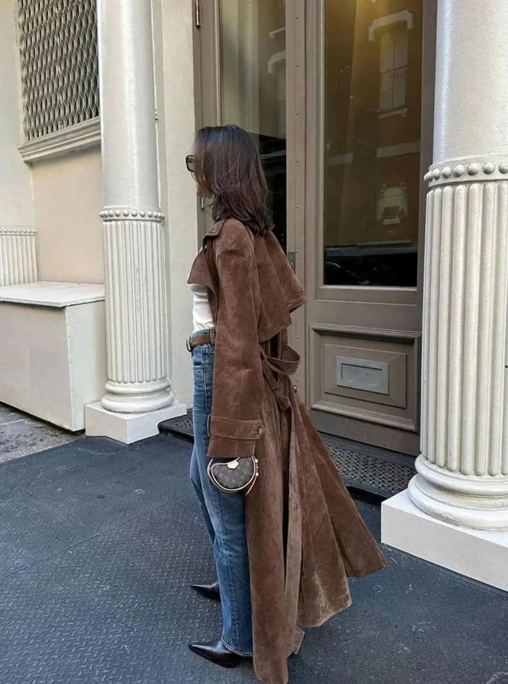 Women's Suede Belted Lapel Maxi Trench Coat