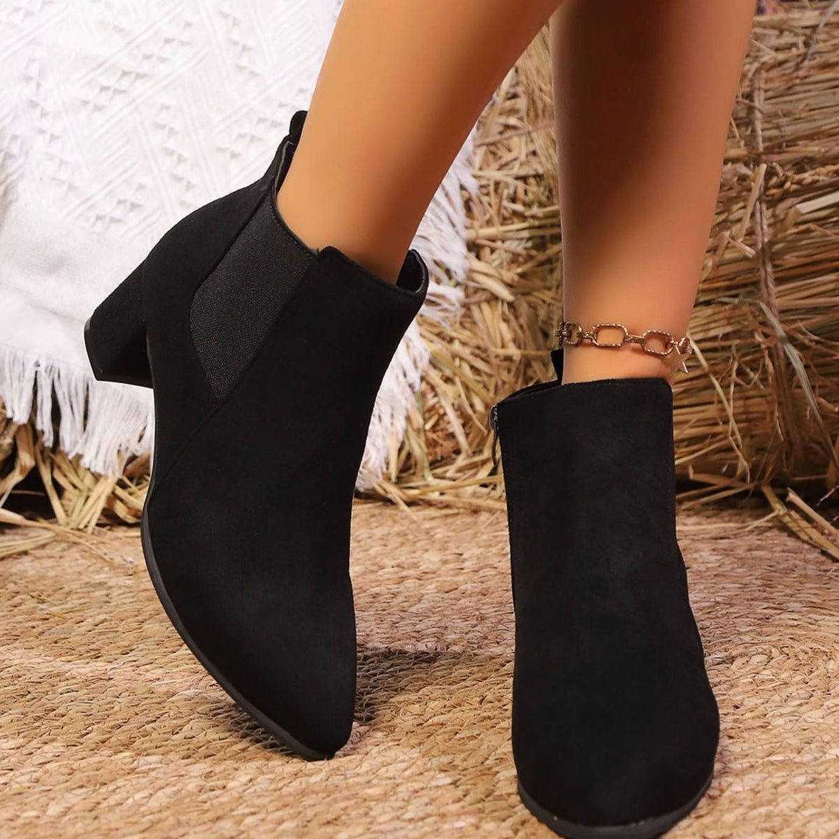 Women's Suede Block-Heel Side-Zip Ankle Boots - Black