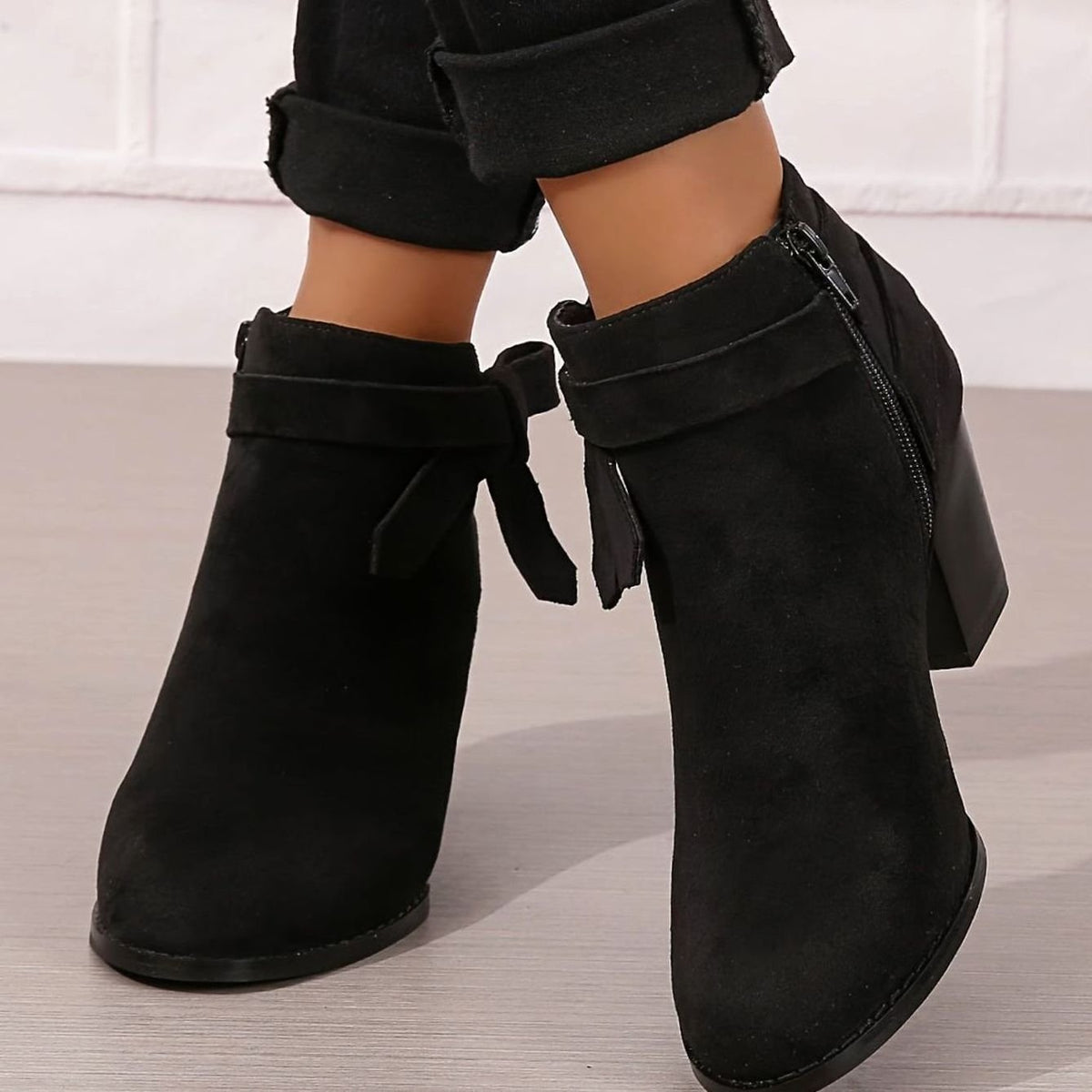 Women's Suede-Effect Block Heel Ankle Boots Bow Detail Side Zip