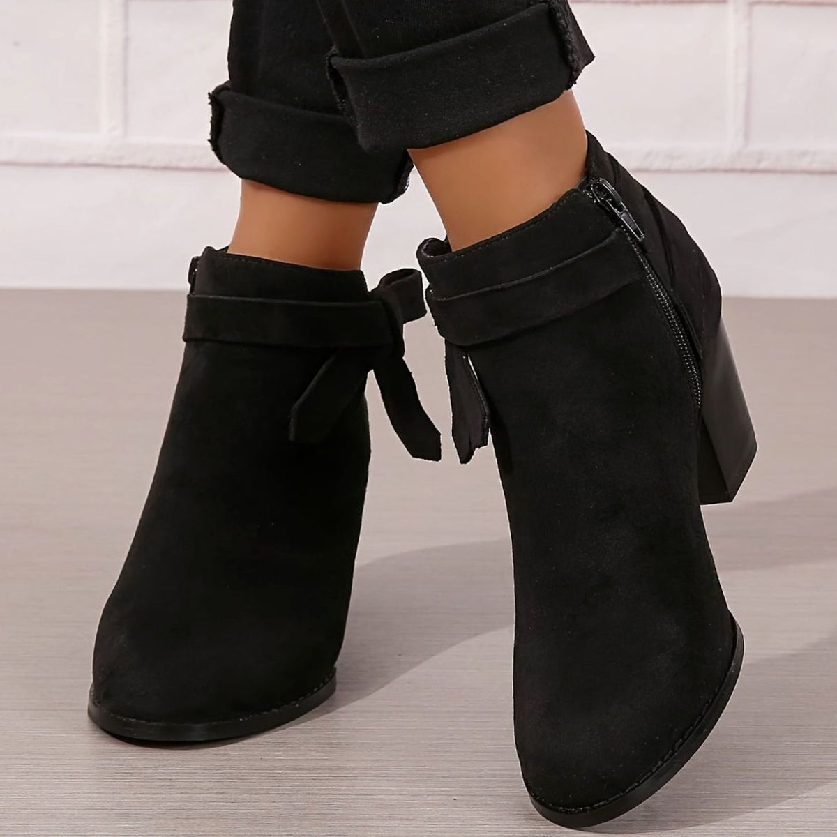 Women's Suede-Effect Block Heel Ankle Boots Bow Detail Side Zip - Black