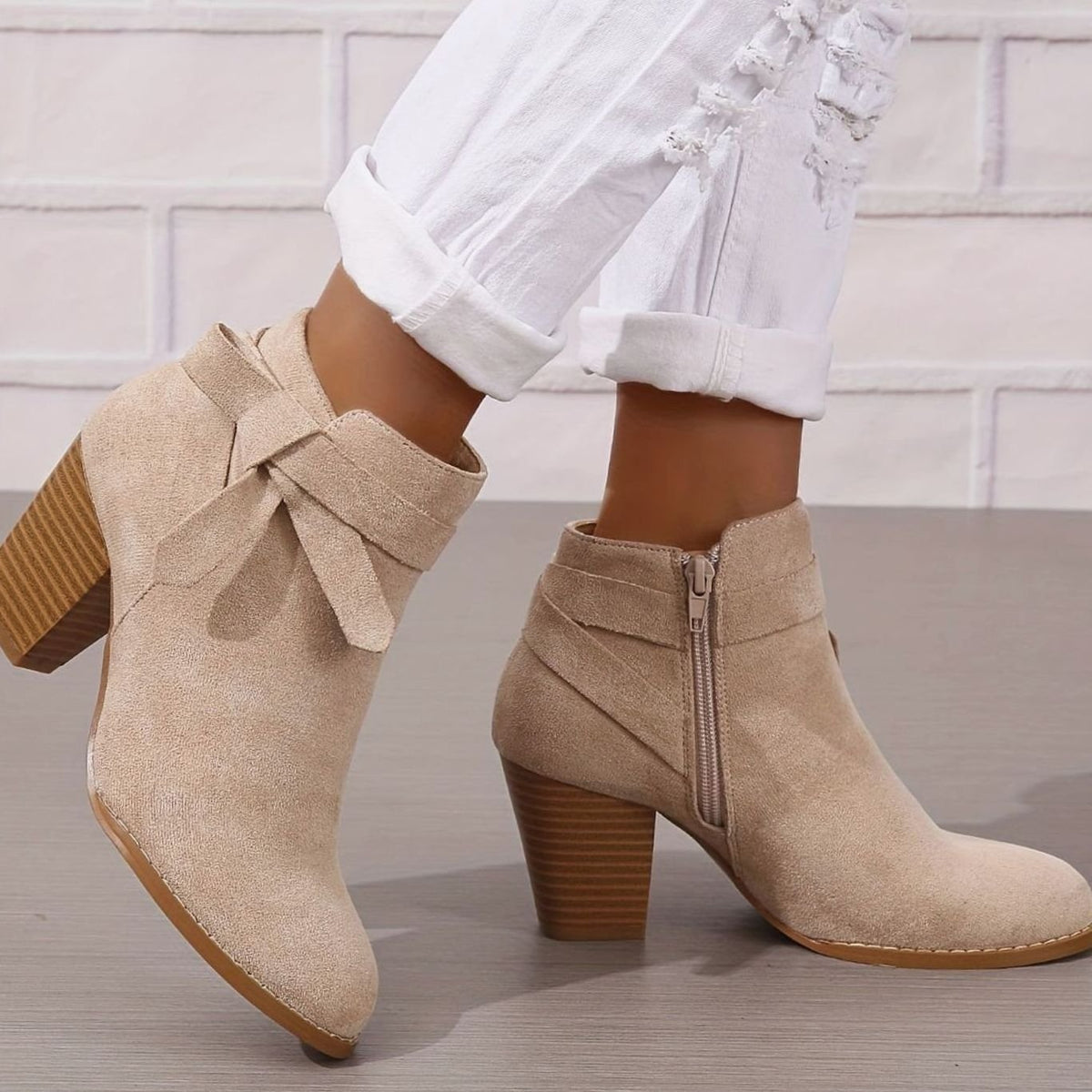 Women's Suede-Effect Block Heel Ankle Boots Bow Detail Side Zip