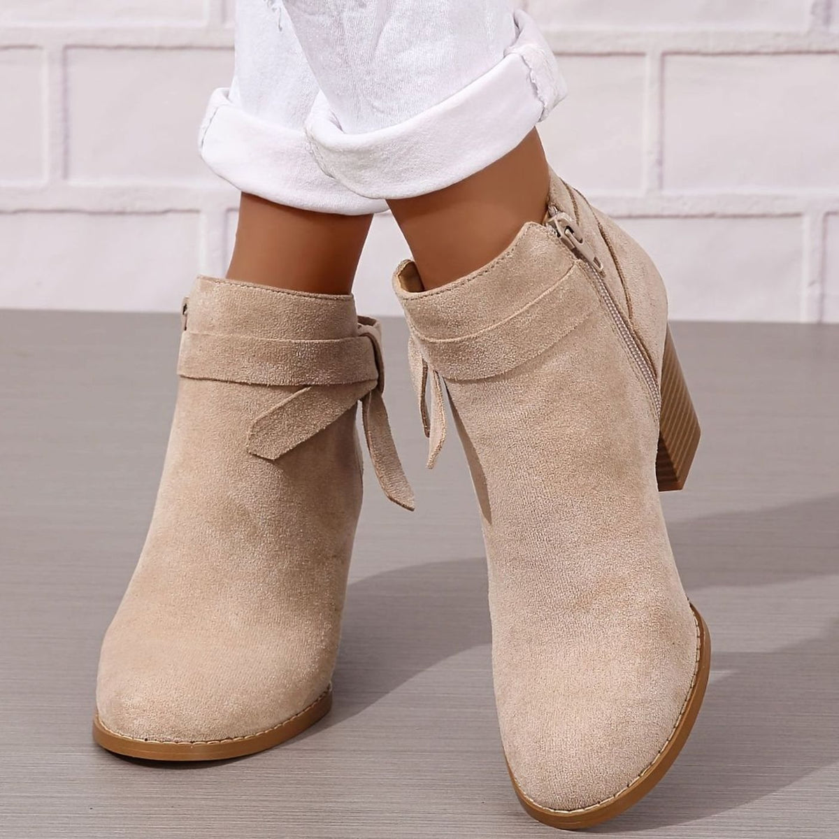 Women's Suede-Effect Block Heel Ankle Boots Bow Detail Side Zip