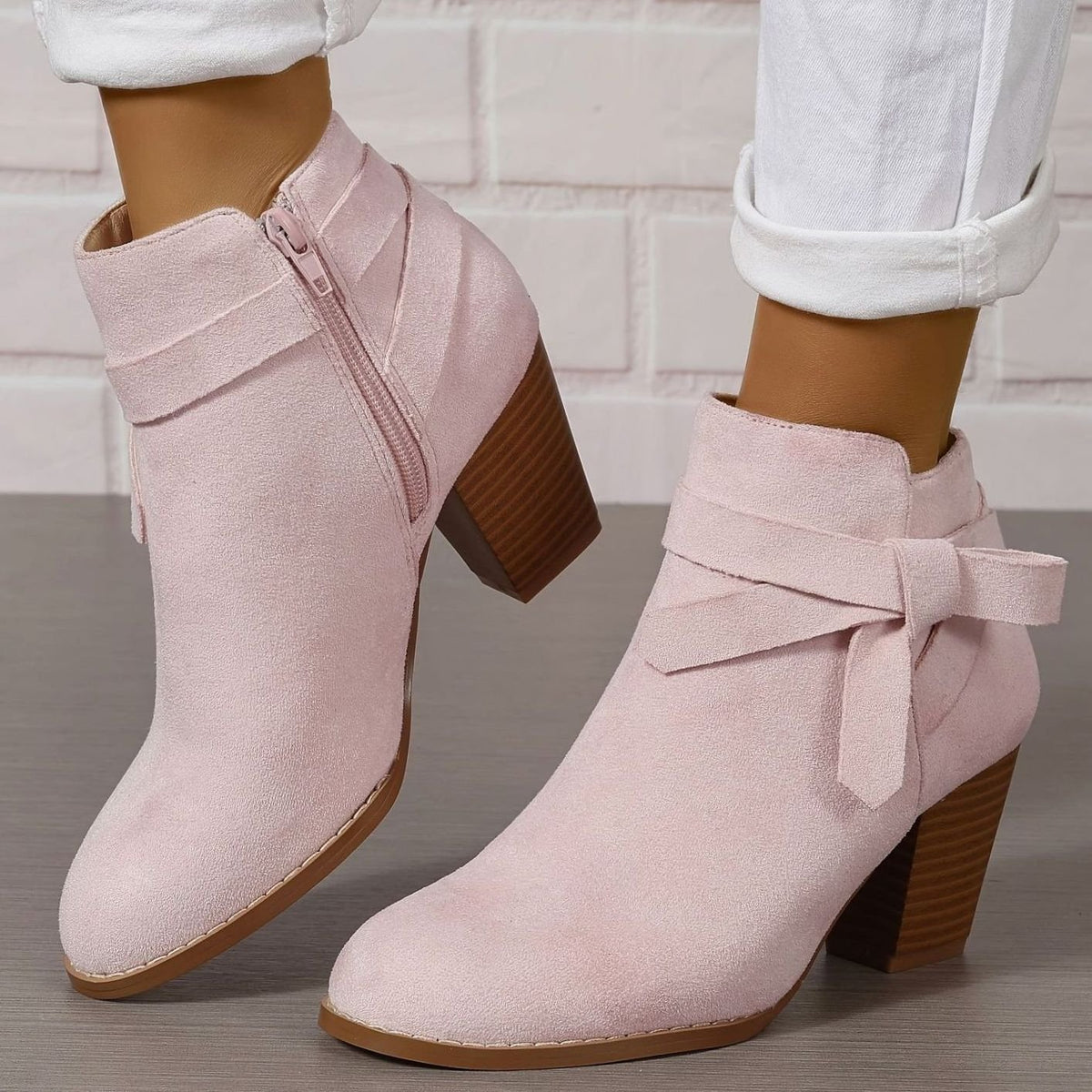 Women's Suede-Effect Block Heel Ankle Boots Bow Detail Side Zip - Pink