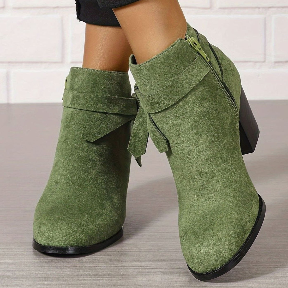 Women's Suede-Effect Block Heel Ankle Boots Bow Detail Side Zip - Green