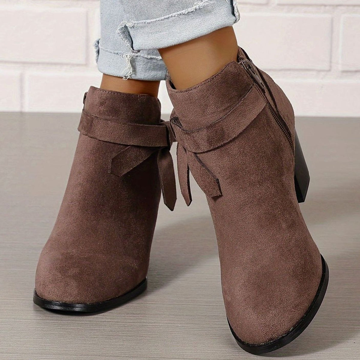 Women's Suede-Effect Block Heel Ankle Boots Bow Detail Side Zip