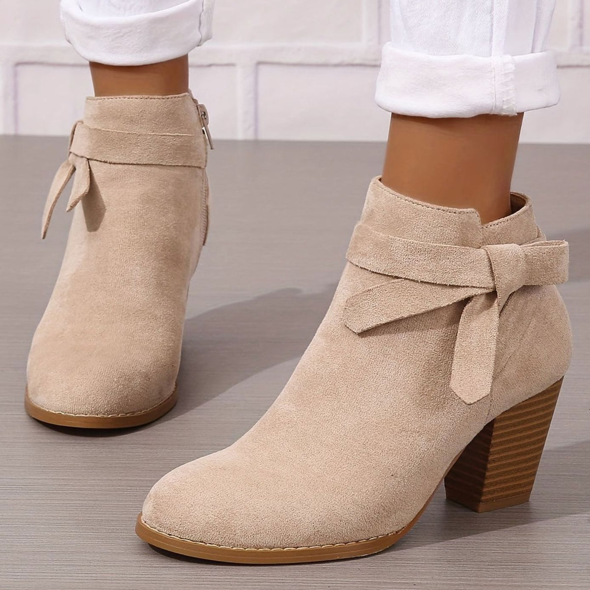 Women's Suede-Effect Block Heel Ankle Boots Bow Detail Side Zip - Beige