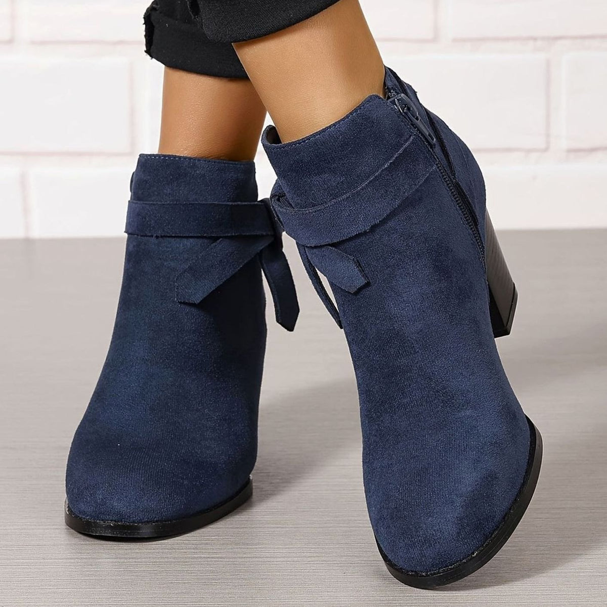 Women's Suede-Effect Block Heel Ankle Boots Bow Detail Side Zip