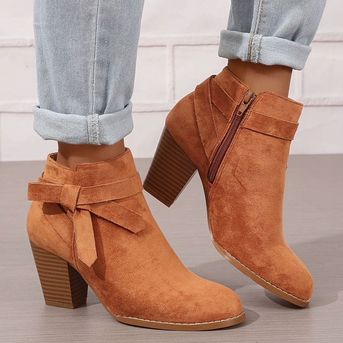 Women's Suede-Effect Block Heel Ankle Boots Bow Detail Side Zip