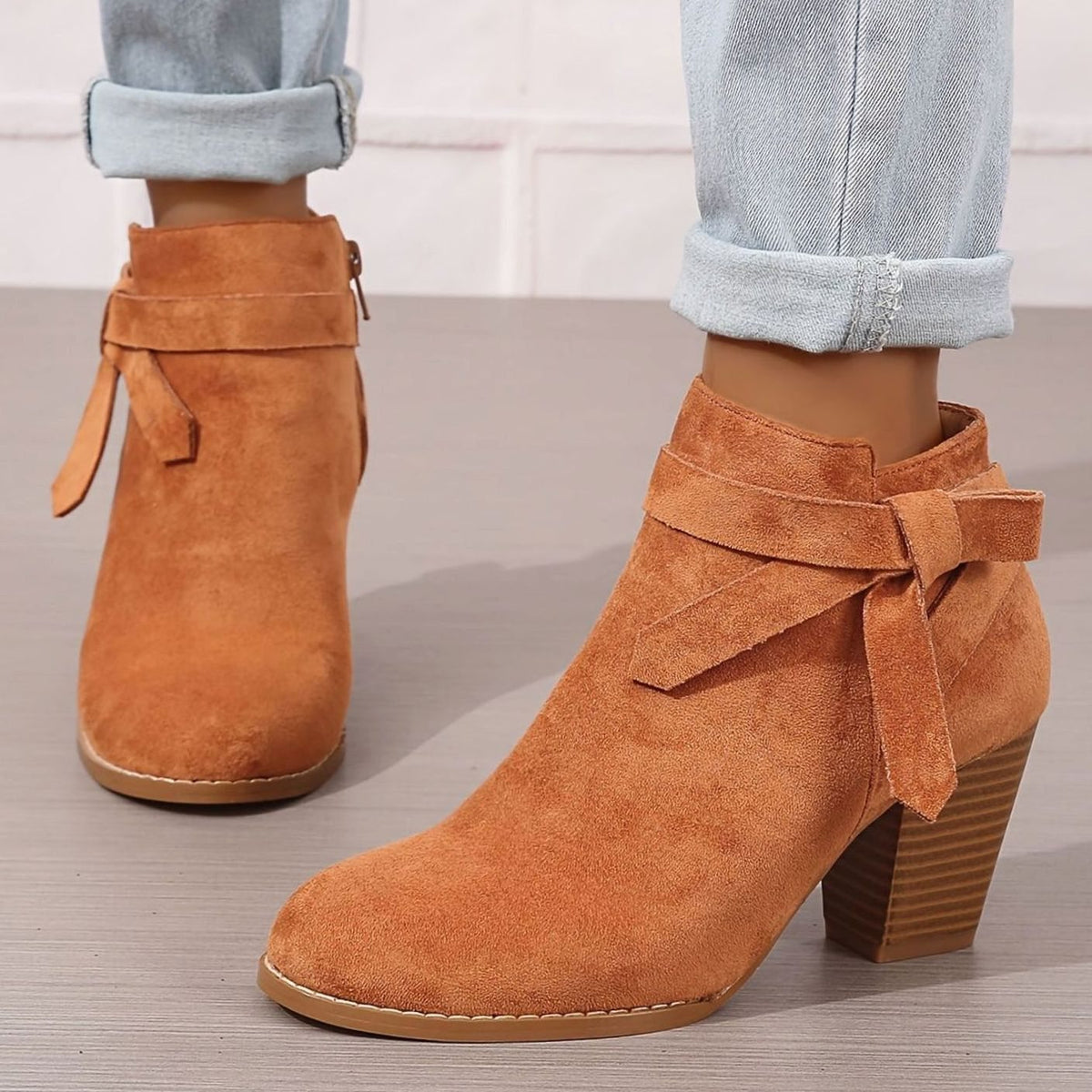 Women's Suede-Effect Block Heel Ankle Boots Bow Detail Side Zip