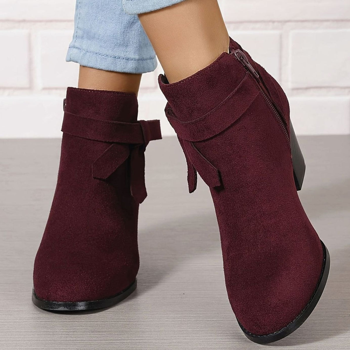 Women's Suede-Effect Block Heel Ankle Boots Bow Detail Side Zip - Red