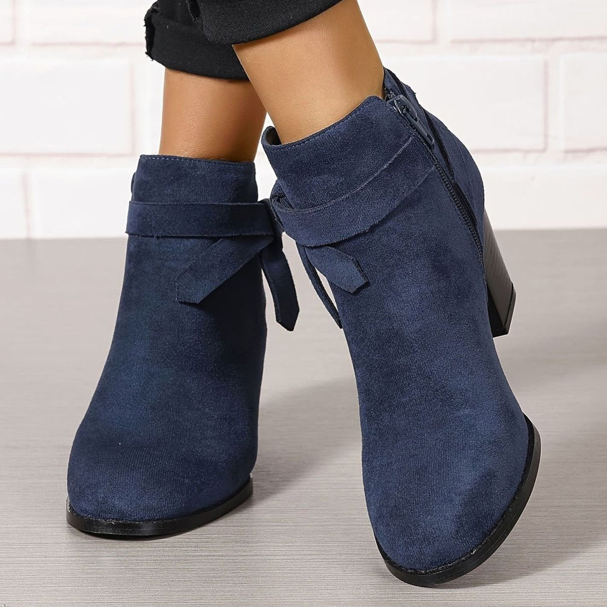 Women's Suede-Effect Block Heel Ankle Boots Bow Detail Side Zip - Blue