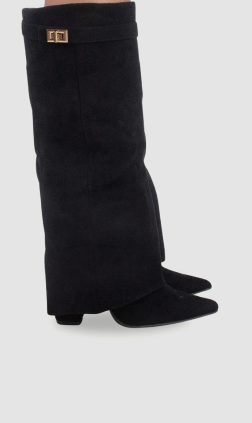 Women's Suede Fold-Over Knee-High Boots Gold Clasp Detail