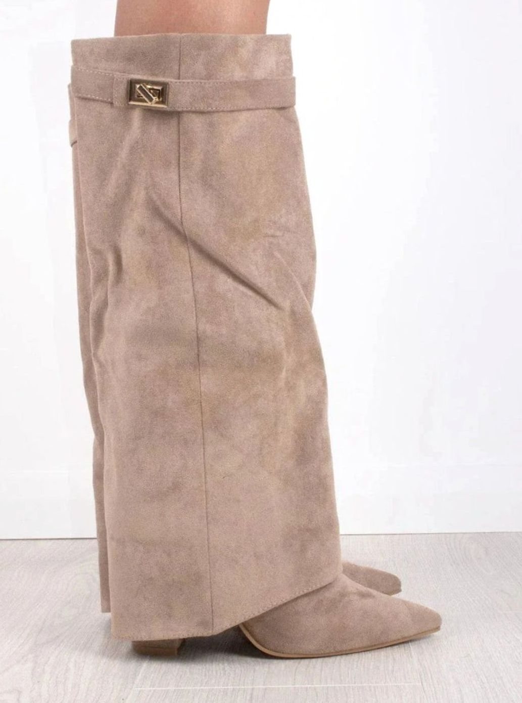 Women's Suede Fold-Over Knee-High Boots Gold Clasp Detail - Beige