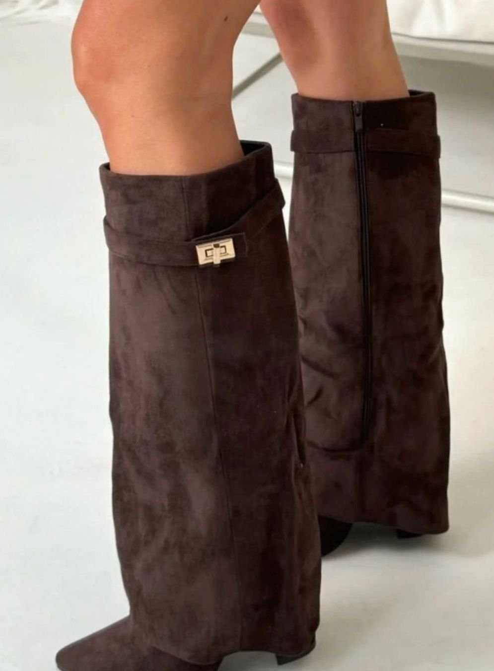 Women's Suede Fold-Over Knee-High Boots Gold Clasp Detail - Dark Brown
