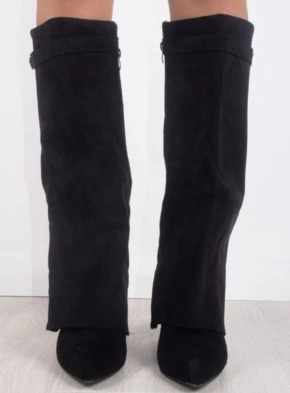 Women's Suede Fold-Over Knee-High Boots Gold Clasp Detail