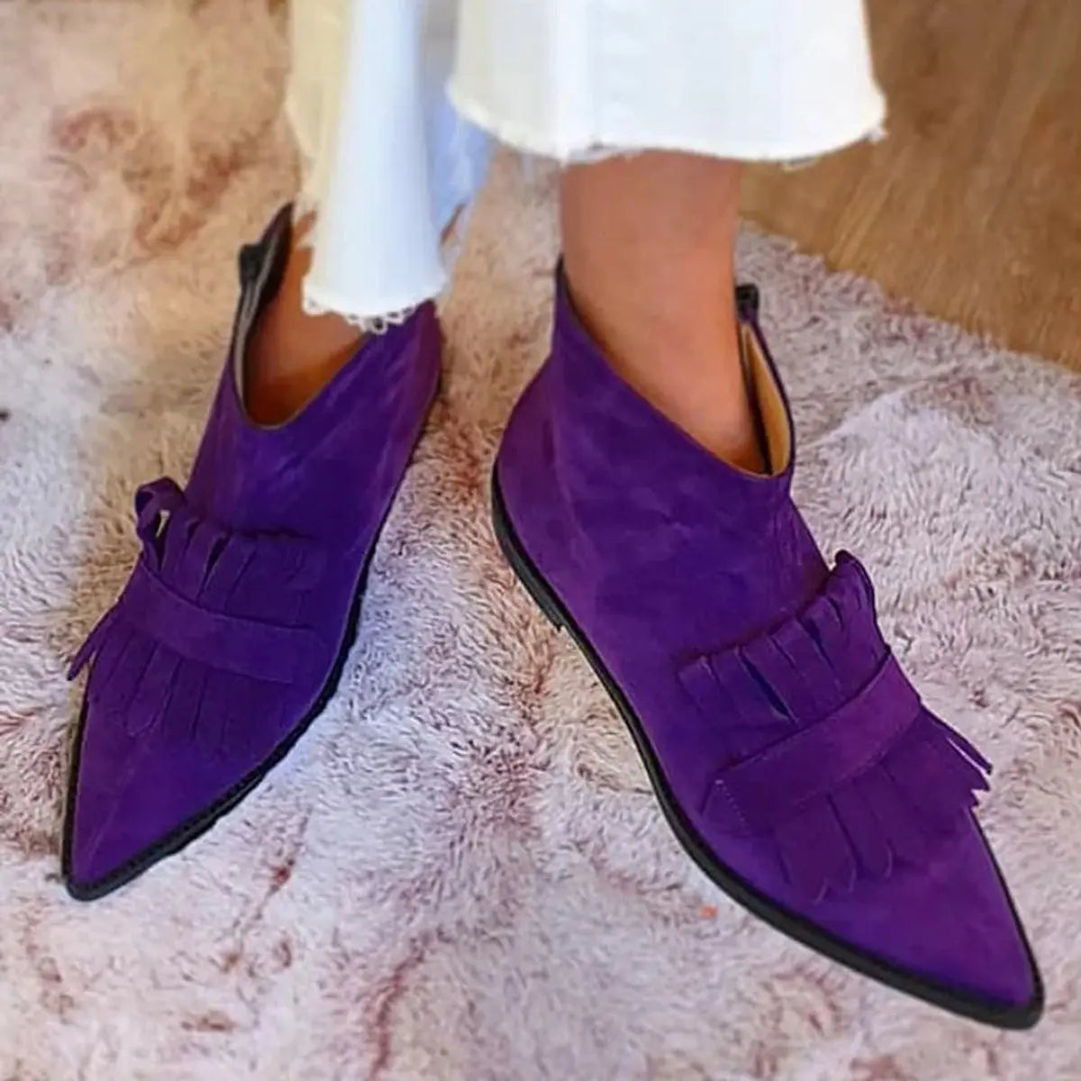 Women's Suede Fringe Pointed-Toe Flat Ankle Boots - Purple