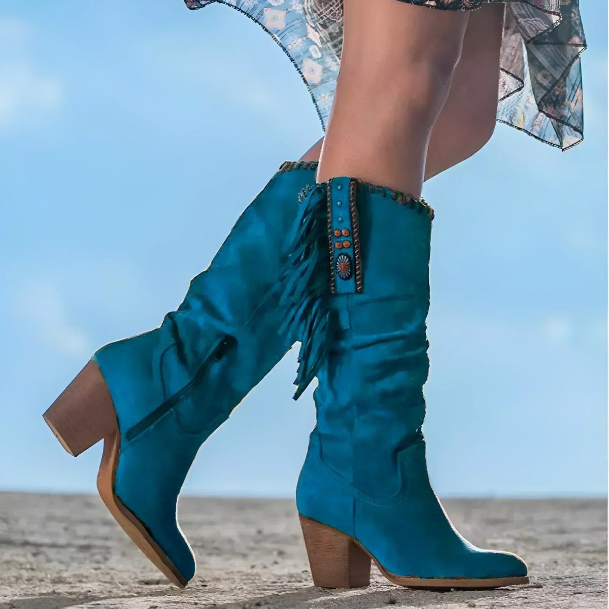 Women's Suede Fringe Tassel Knee High Boots Block Heel Western Cowboy - Blue