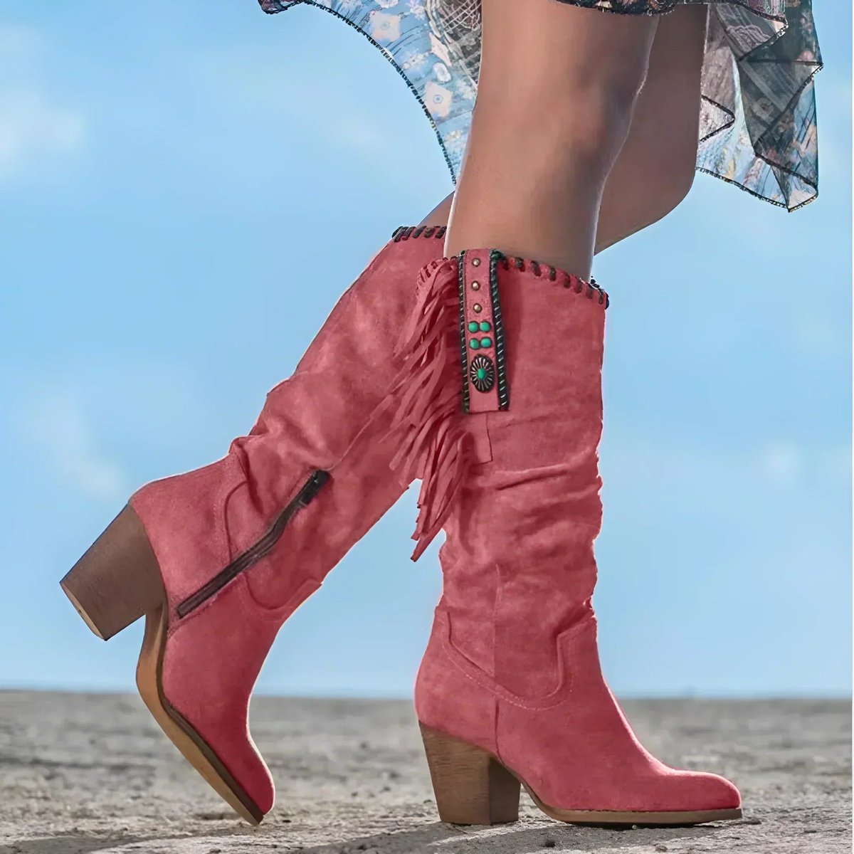 Women's Suede Fringe Tassel Knee High Boots Block Heel Western Cowboy - Red