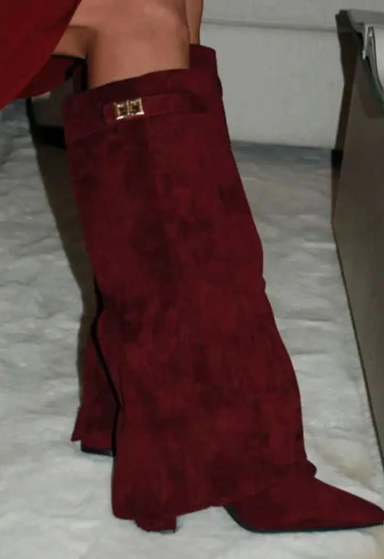 Women's Suede Knee-High Buckle Thigh-High Boots - Red Suede