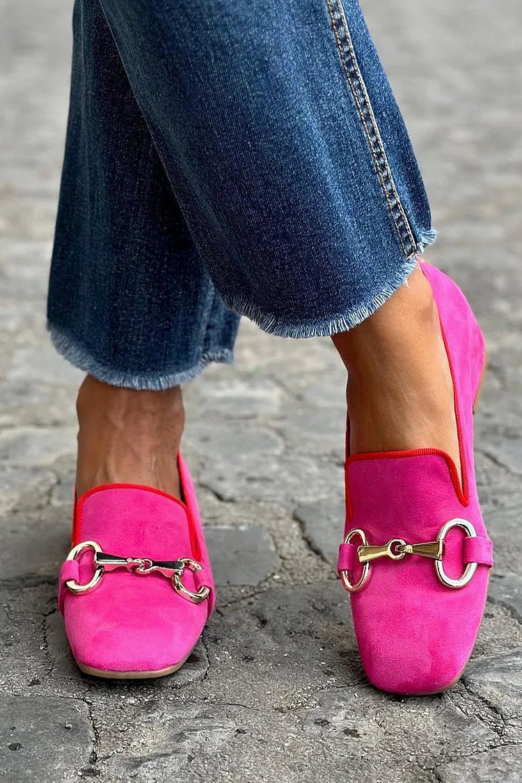 Women's Suede Loafers Gold Hardware Chain Detail - Deep Pink