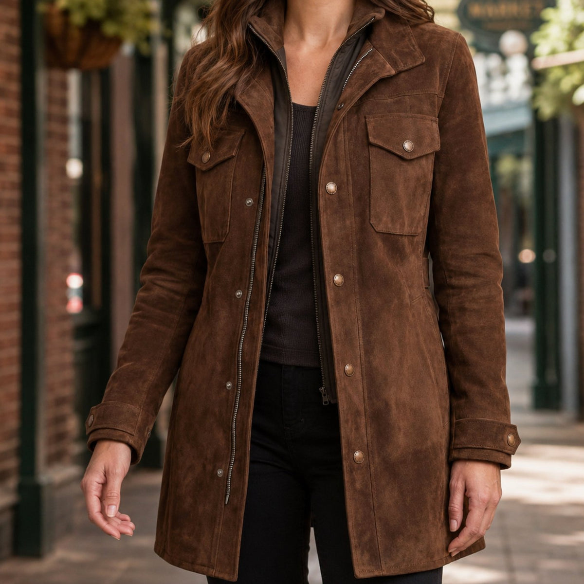 Women's Suede Longline Zip Snap-Button Tailored Coat - Brown