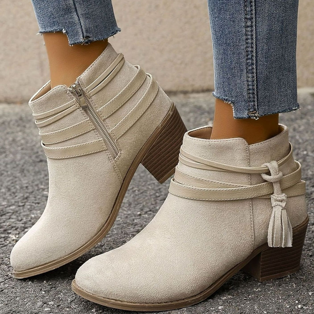 Women's Suede-Look Block Heel Tassel Strap Ankle Boots