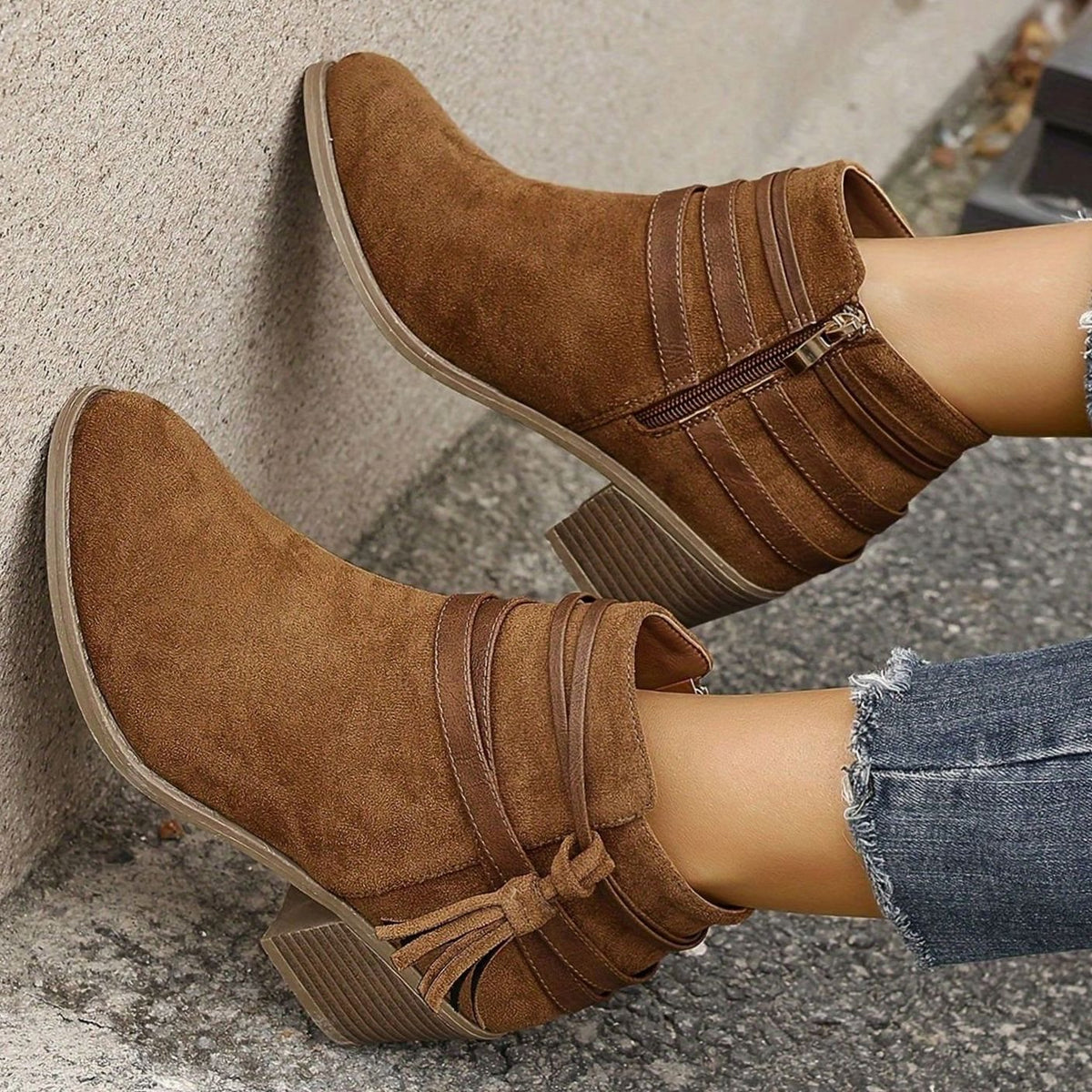 Women's Suede-Look Block Heel Tassel Strap Ankle Boots - Brown