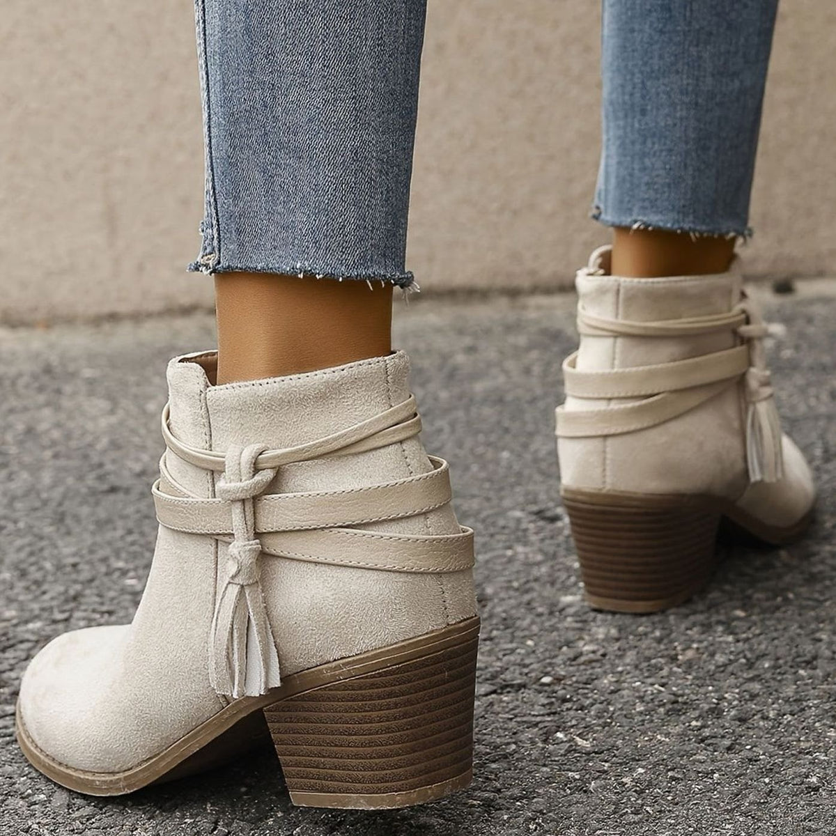 Women's Suede-Look Block Heel Tassel Strap Ankle Boots