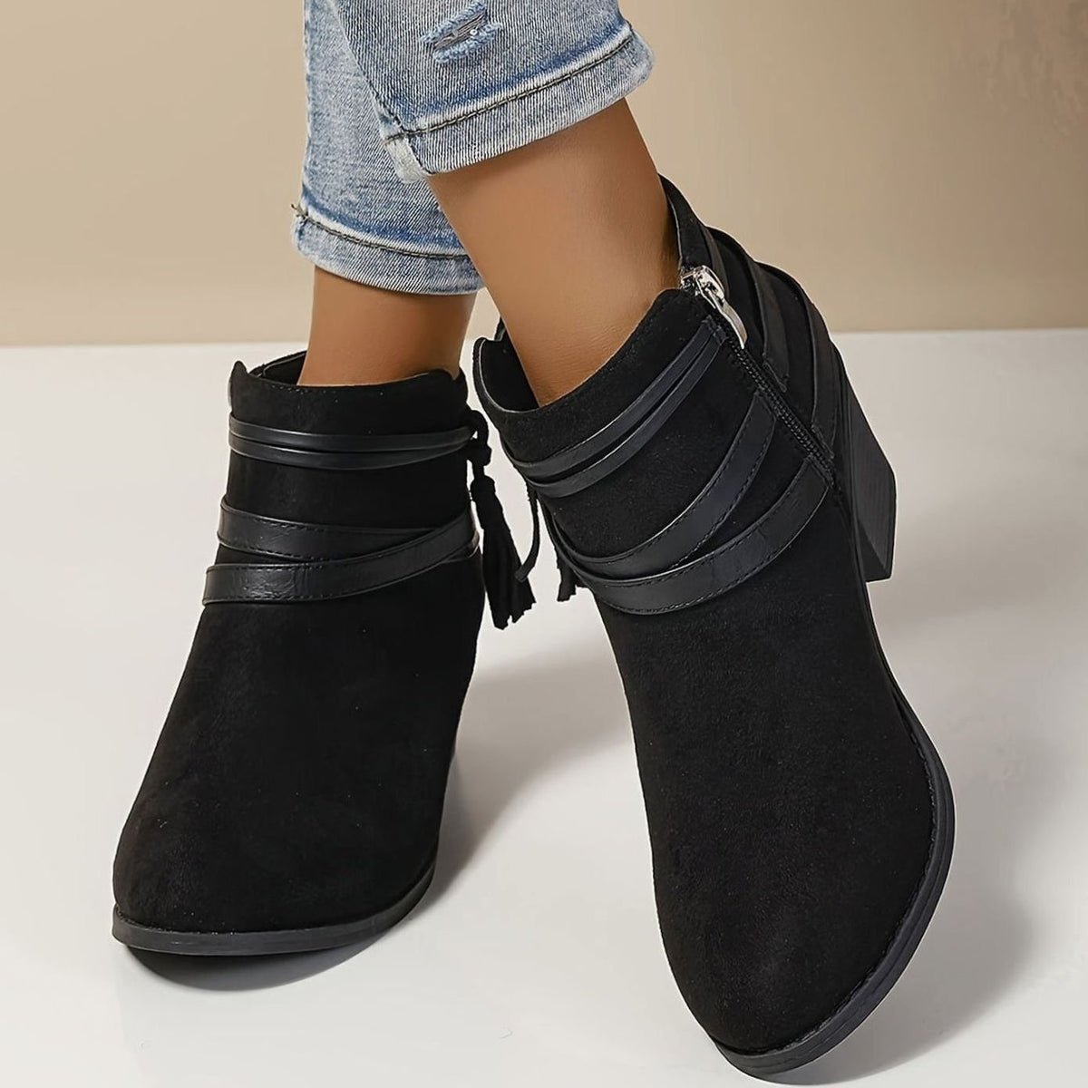 Women's Suede-Look Block Heel Tassel Strap Ankle Boots