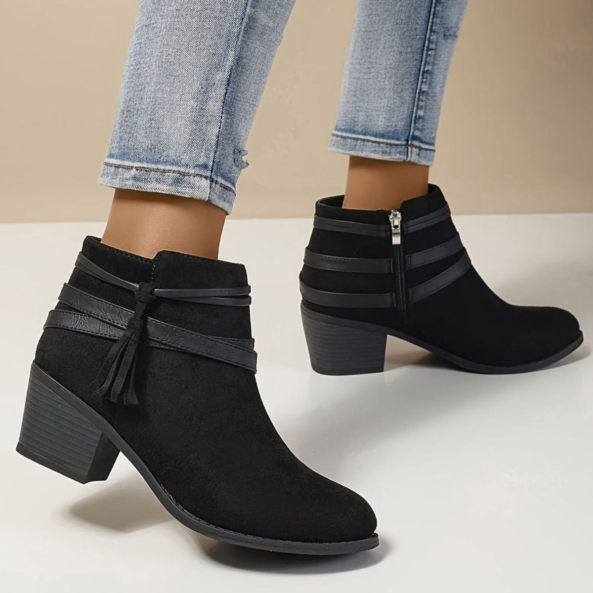 Women's Suede-Look Block Heel Tassel Strap Ankle Boots