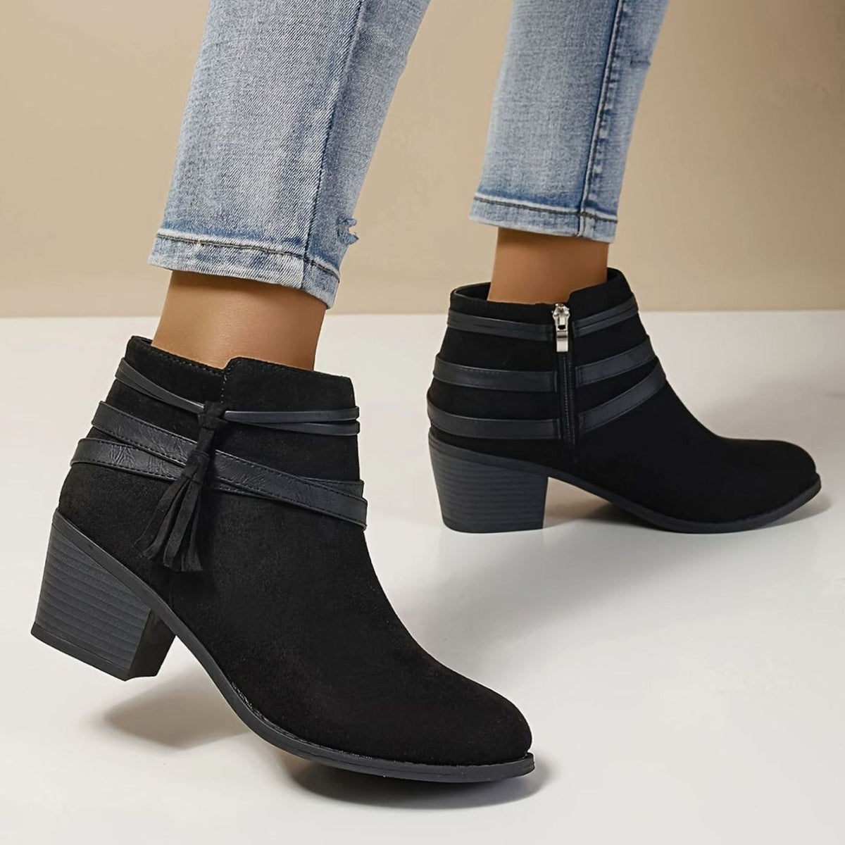 Women's Suede-Look Block Heel Tassel Strap Ankle Boots