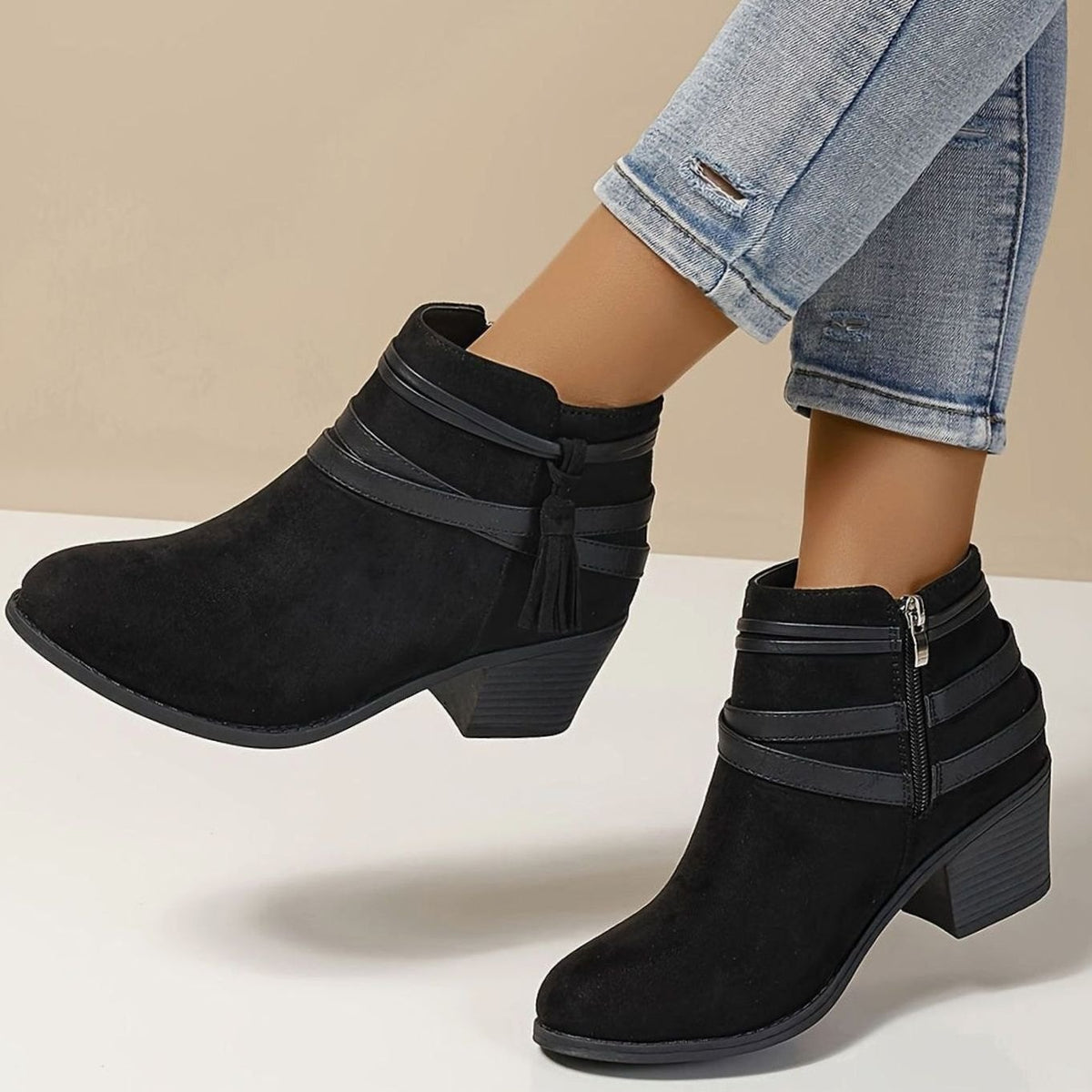 Women's Suede-Look Block Heel Tassel Strap Ankle Boots - Black