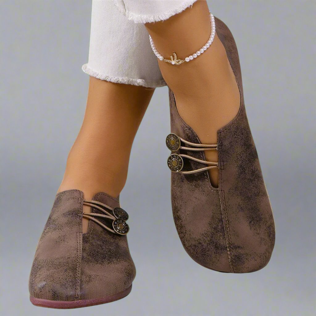 Women's Suede Moccasins Metal Button Detail - Dark Brown