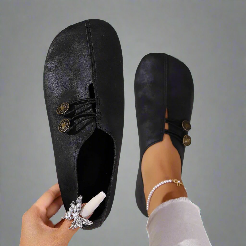 Women's Suede Moccasins Metal Button Detail - Black 2