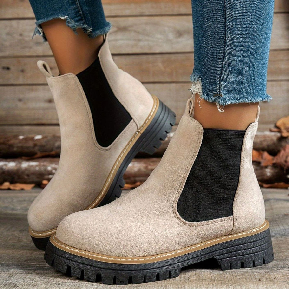 Women's Suede Platform Chelsea Ankle Boots Slip-On - Beige