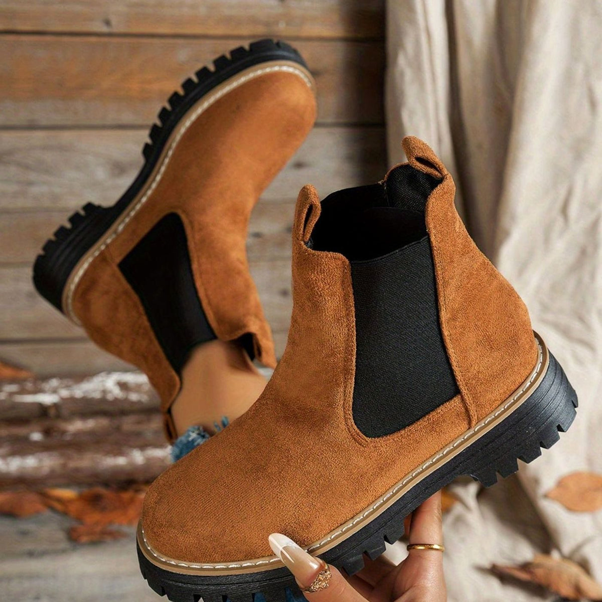 Women's Suede Platform Chelsea Ankle Boots Slip-On - Brown