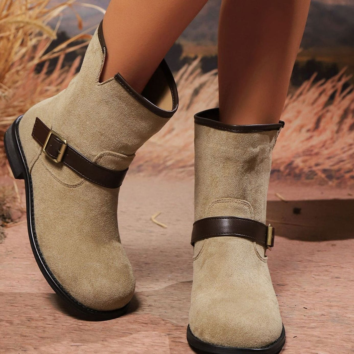 Women's Suede Slip-On Ankle Boots Buckle Strap Low Block Heel