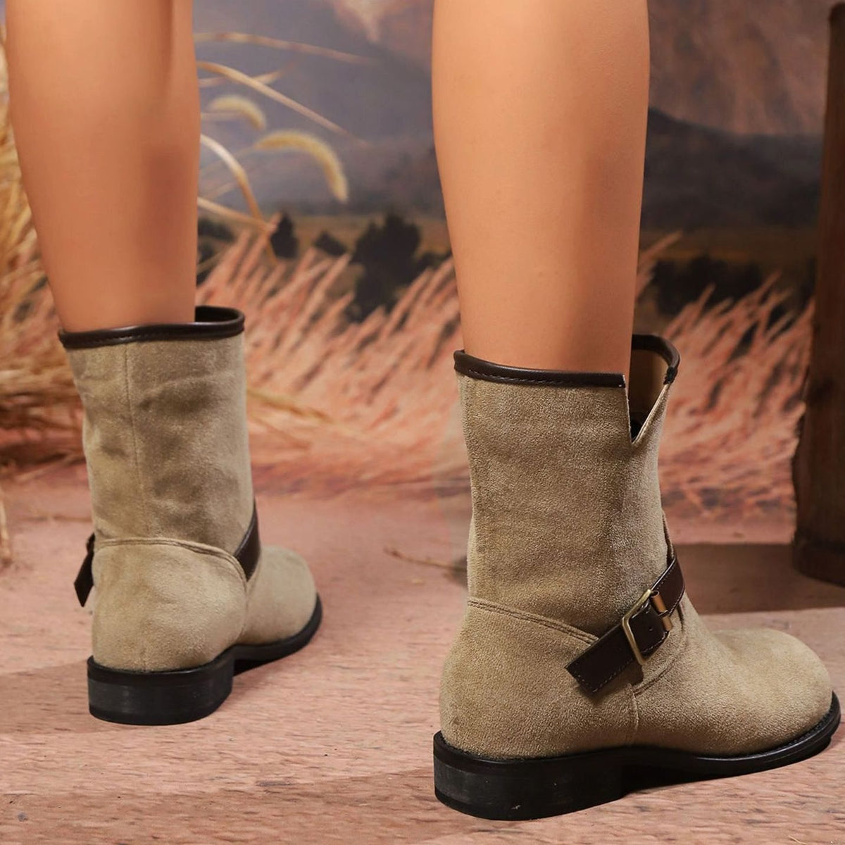 Women's Suede Slip-On Ankle Boots Buckle Strap Low Block Heel