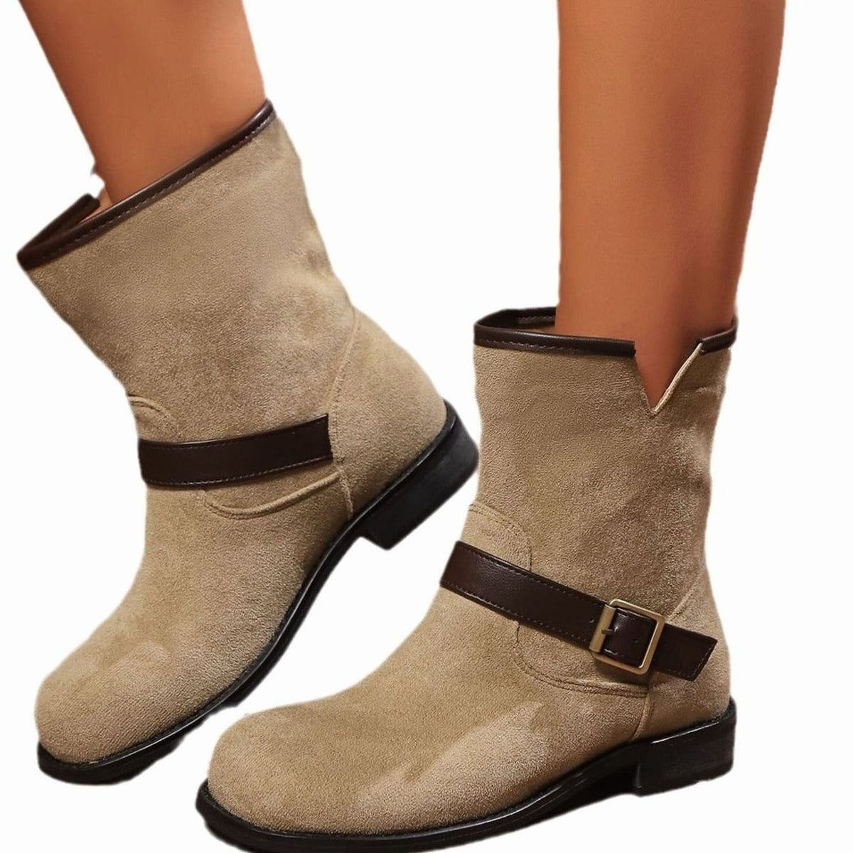 Women's Suede Slip-On Ankle Boots Buckle Strap Low Block Heel