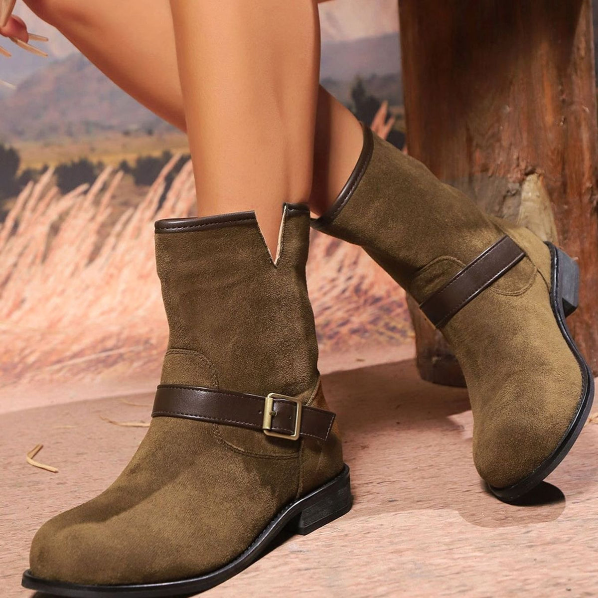 Women's Suede Slip-On Ankle Boots Buckle Strap Low Block Heel - Dark Brown