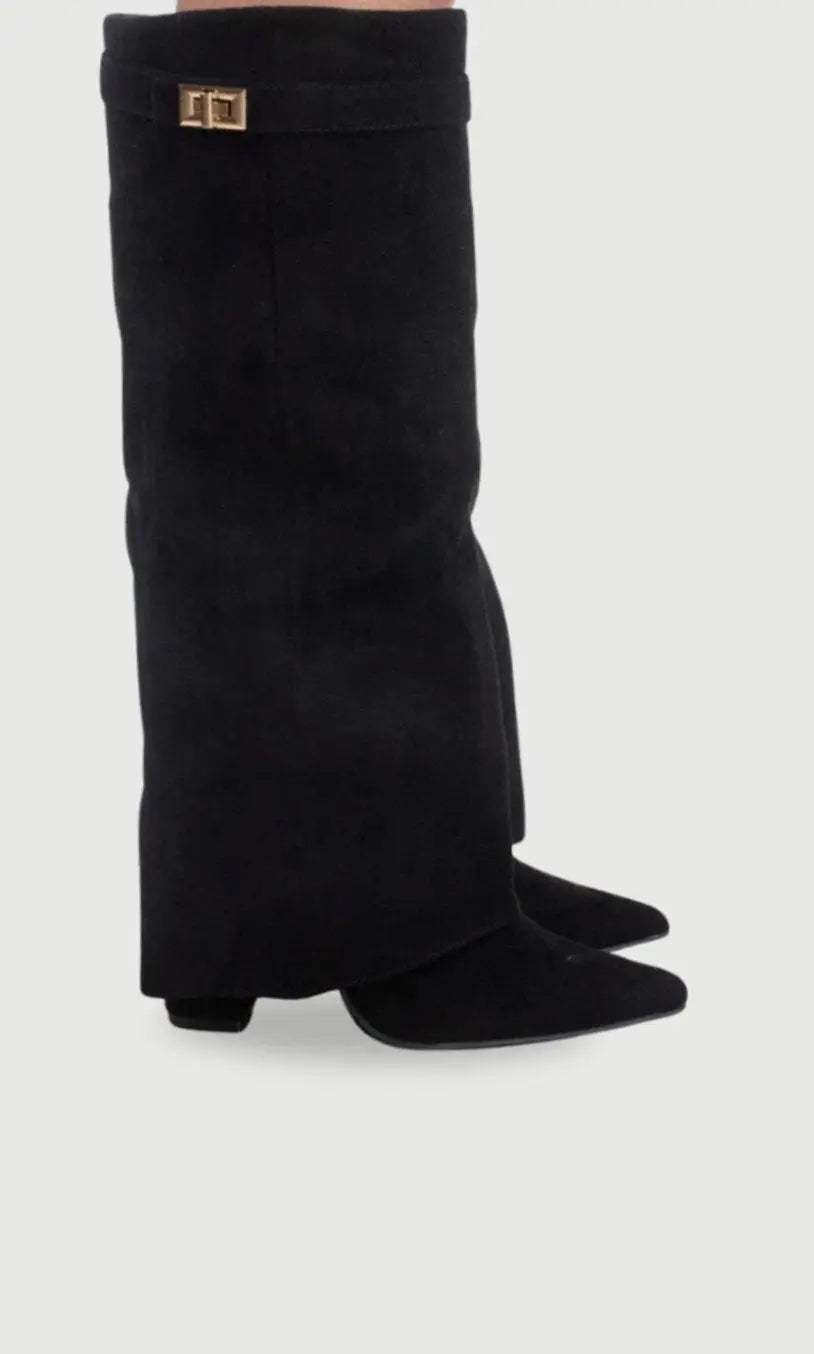 Women's Suede Thigh-High Boots Gold Buckle Pointed Toe