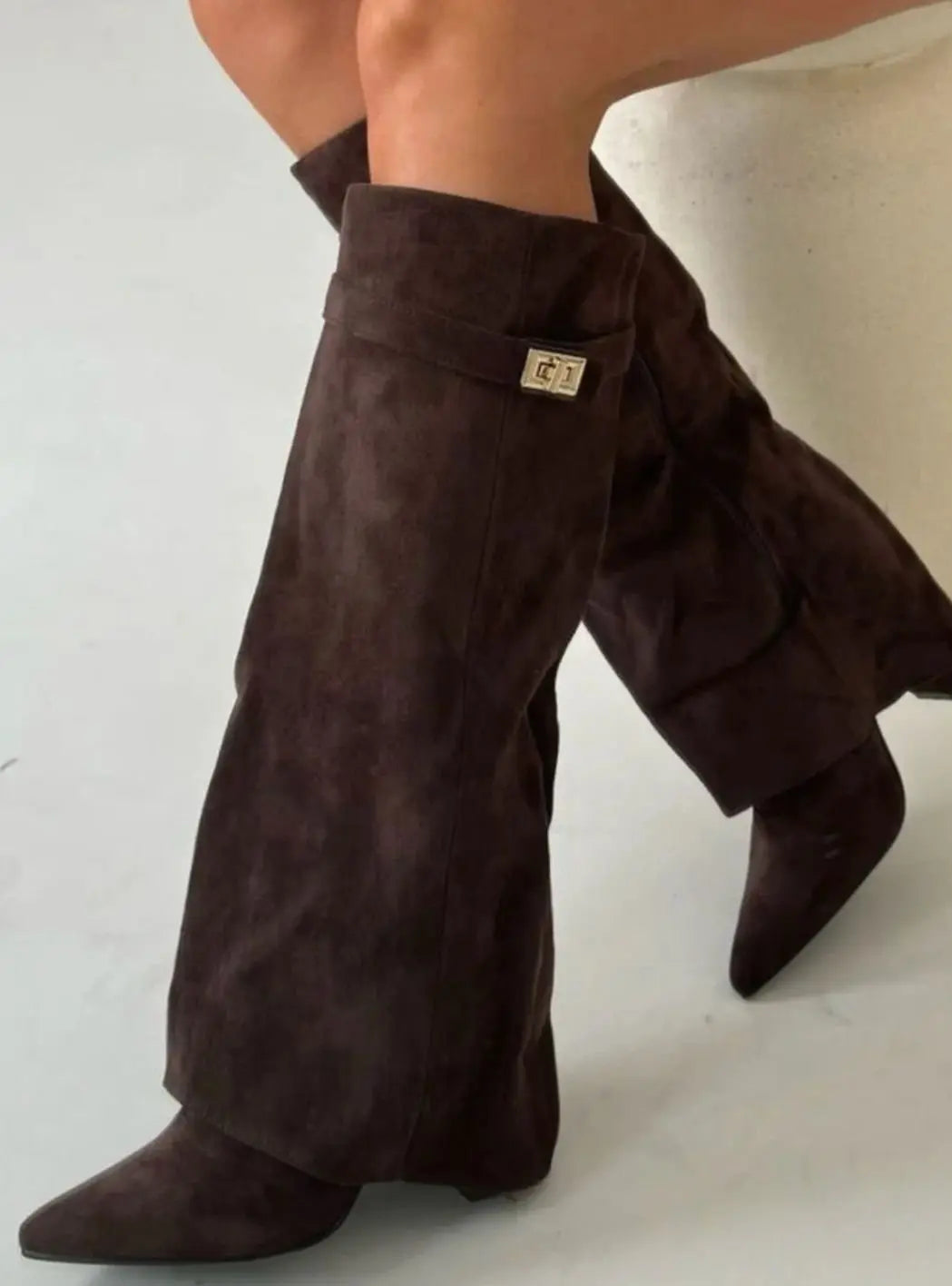 Women's Suede Thigh-High Boots Gold Buckle Pointed Toe - Brown Suede