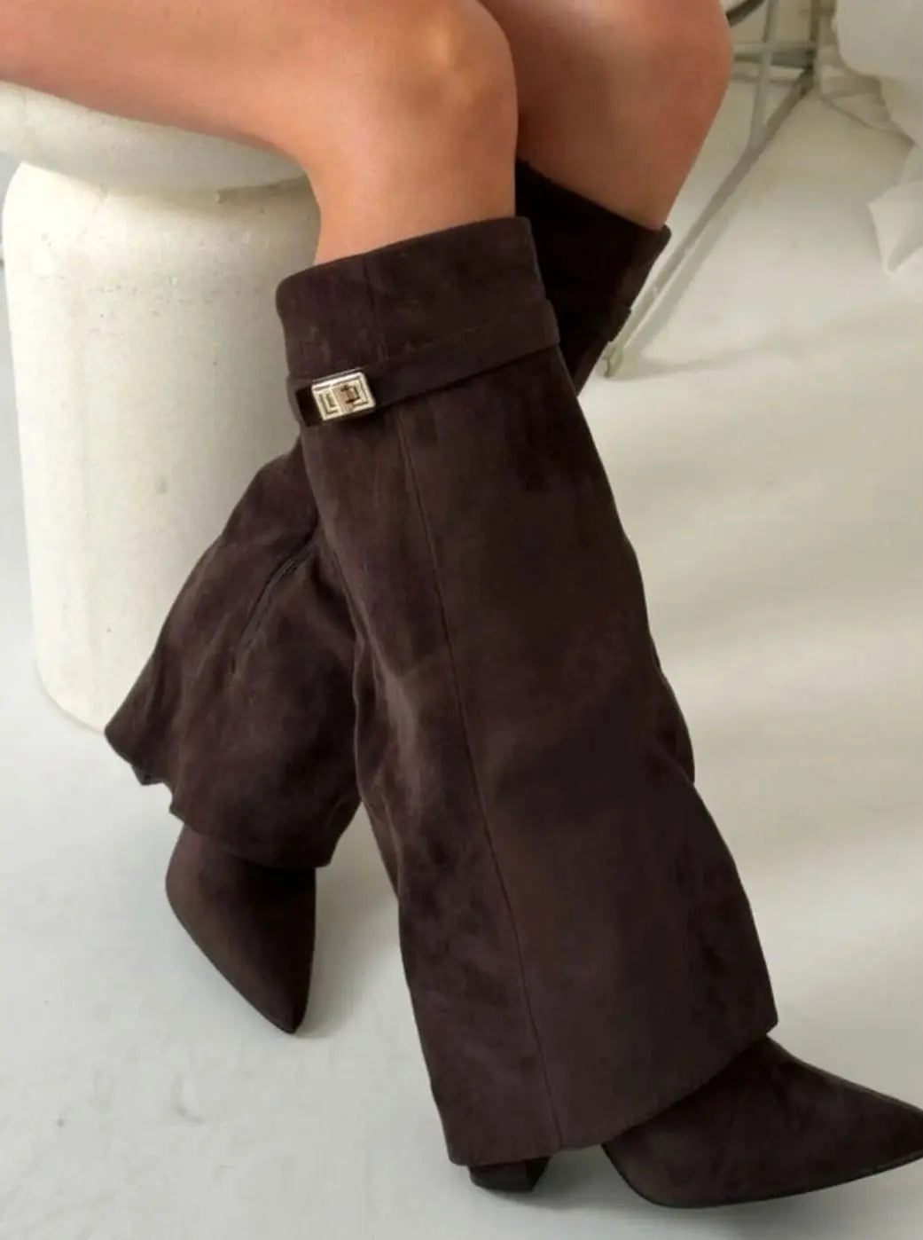 Women's Suede Thigh-High Boots Gold Buckle Pointed Toe
