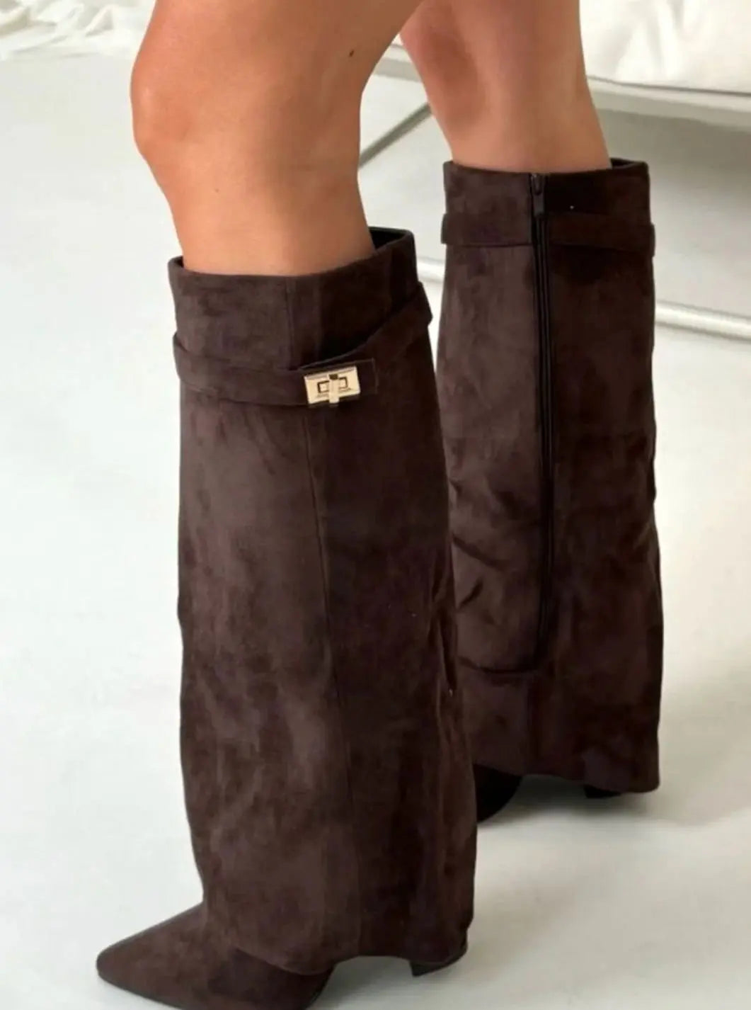 Women's Suede Thigh-High Boots Gold Buckle Pointed Toe