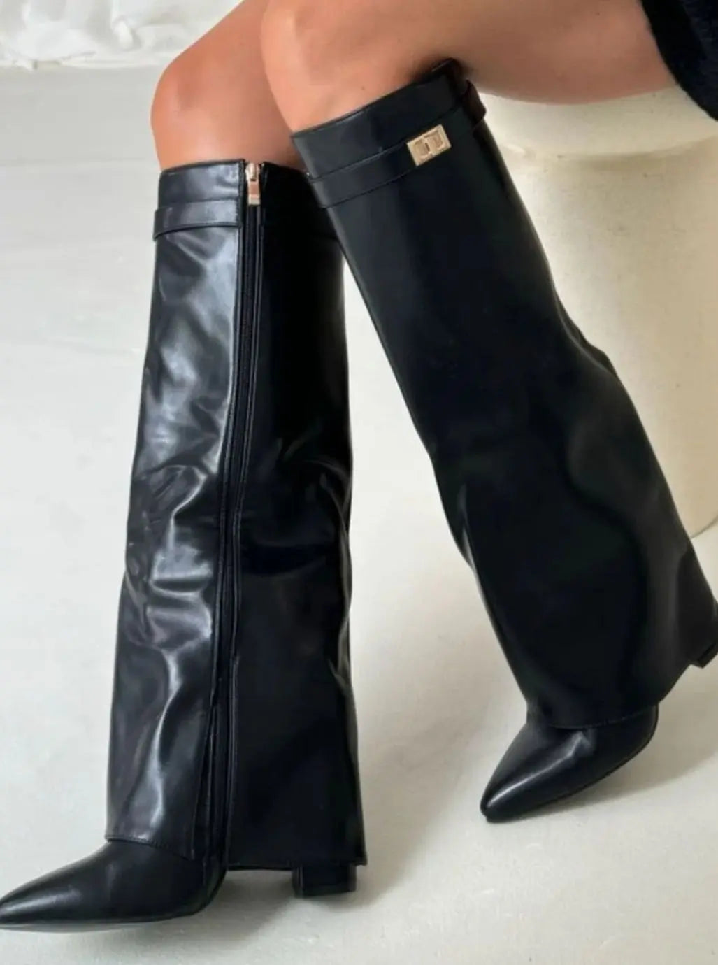 Women's Suede Thigh-High Boots Gold Buckle Pointed Toe